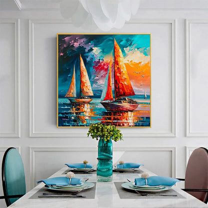 Evening Sail hand-painted ocean blue, ivory and soft neutral tones textured sailboat seascape painting shown as stretched canvas