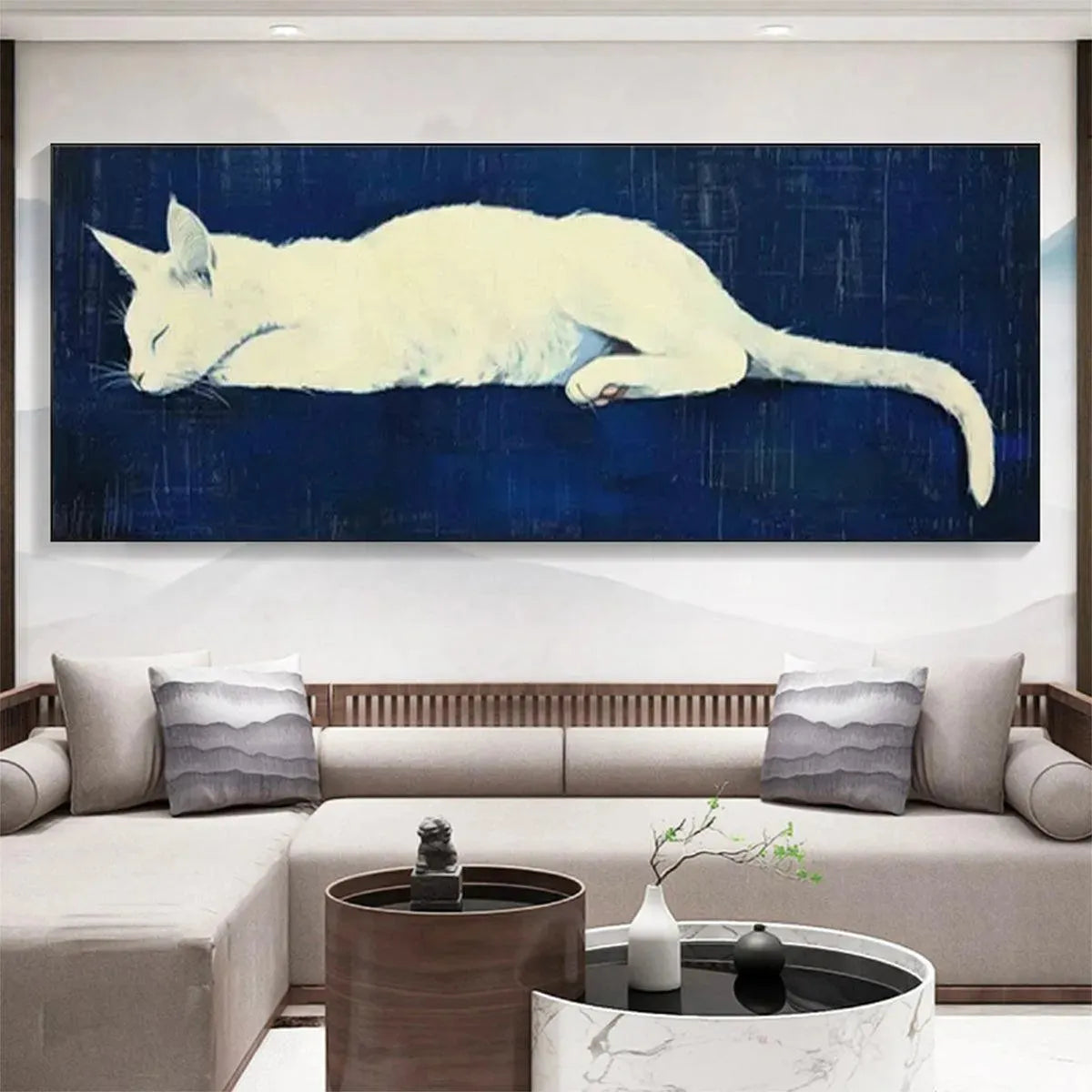 Sleeping White Cat Panoramic – Cat Oil Painting, view 2
