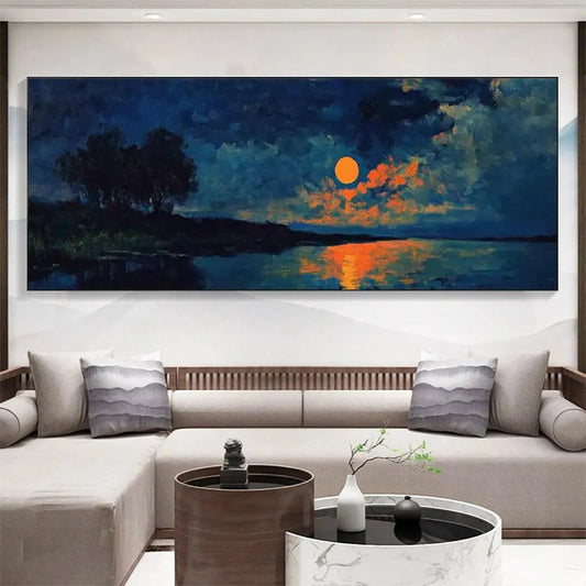 Harvest Moon Over The Lake hand-painted ocean blue and ivory textured sunset seascape painting shown as stretched canvas