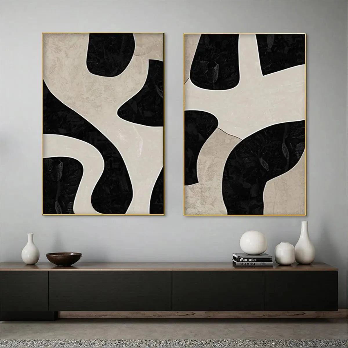 Black and Beige Wabi-Sabi Abstract Oil Painting – Black & Beige Abstract Diptych