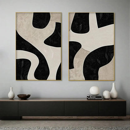 Black and Beige Wabi-Sabi Abstract Oil Painting – Black & Beige Abstract Diptych