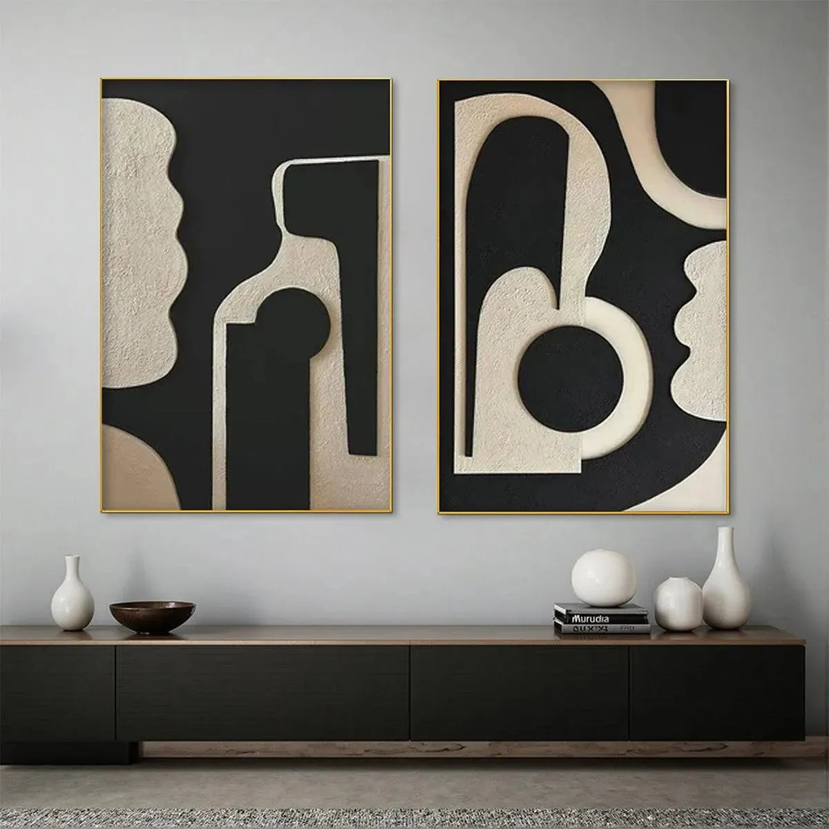 Black and White Wabi-Sabi Abstract Textured Oil Painting – Ink Blot Duo