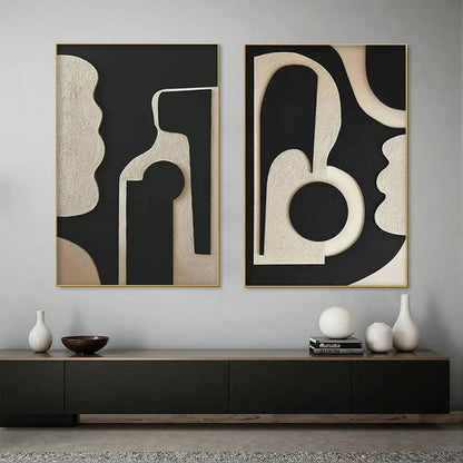 Black and White Wabi-Sabi Abstract Textured Oil Painting – Ink Blot Duo