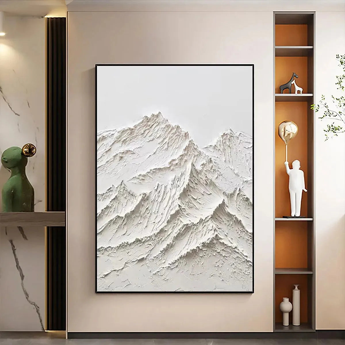 White Mountain hand-painted white and soft beige textured mountain landscape painting shown with gold frame