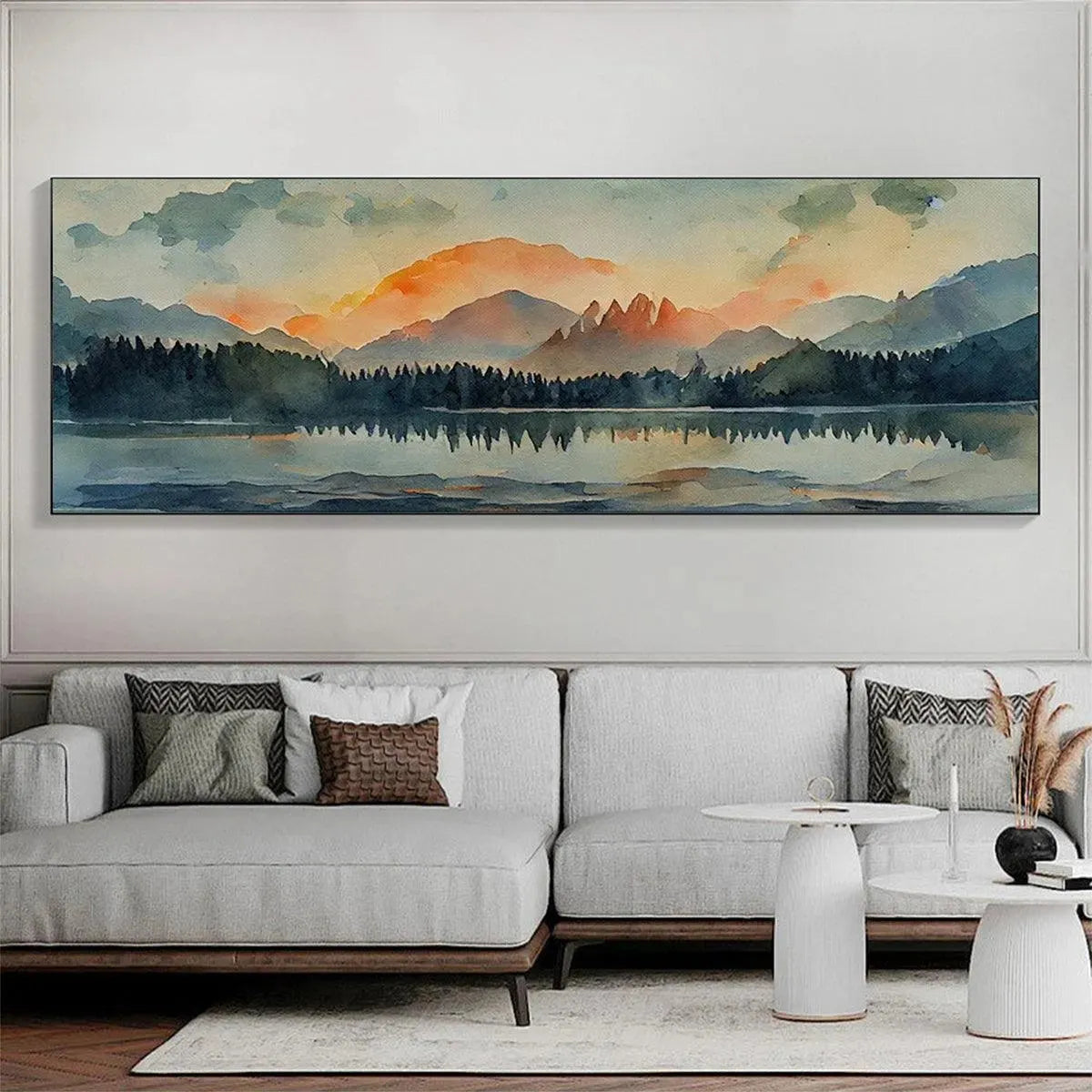 Sunset Serenity hand-painted gold, burnt orange and slate blue textured mountain lake painting shown as stretched canvas