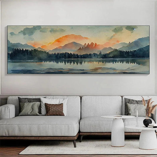 Sunset Serenity hand-painted gold, burnt orange and slate blue textured mountain lake painting shown as stretched canvas