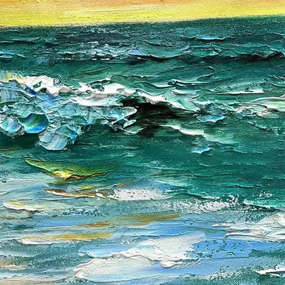 Ocean Sunset hand-painted ocean blue, ivory and soft neutral tones textured sunset seascape painting shown with black frame