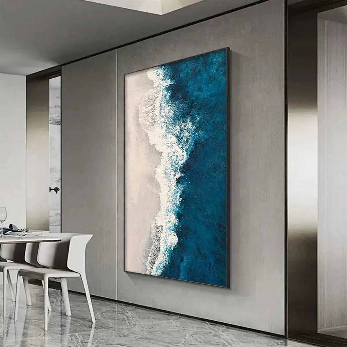 Azure Coast hand-painted beige, azure blue and ocean blue textured coastal abstract painting shown as stretched canvas