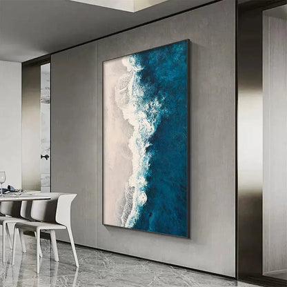 Azure Coast hand-painted beige, azure blue and ocean blue textured coastal abstract painting shown as stretched canvas