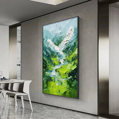 Emerald Valley hand-painted emerald green and ivory textured abstract mountain painting shown as stretched canvas