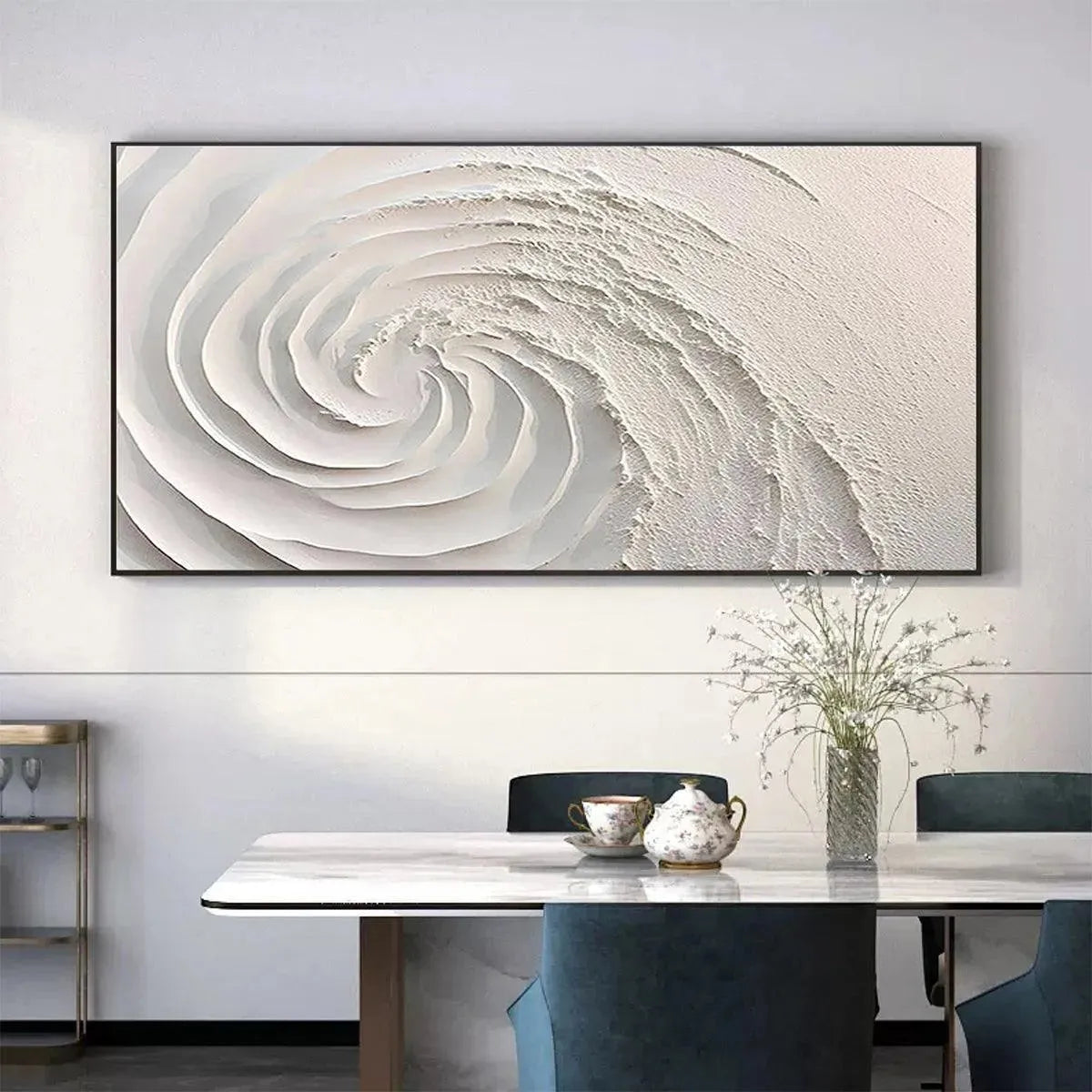 Whirlwind hand-painted white and soft beige textured coastal abstract painting shown as stretched canvas