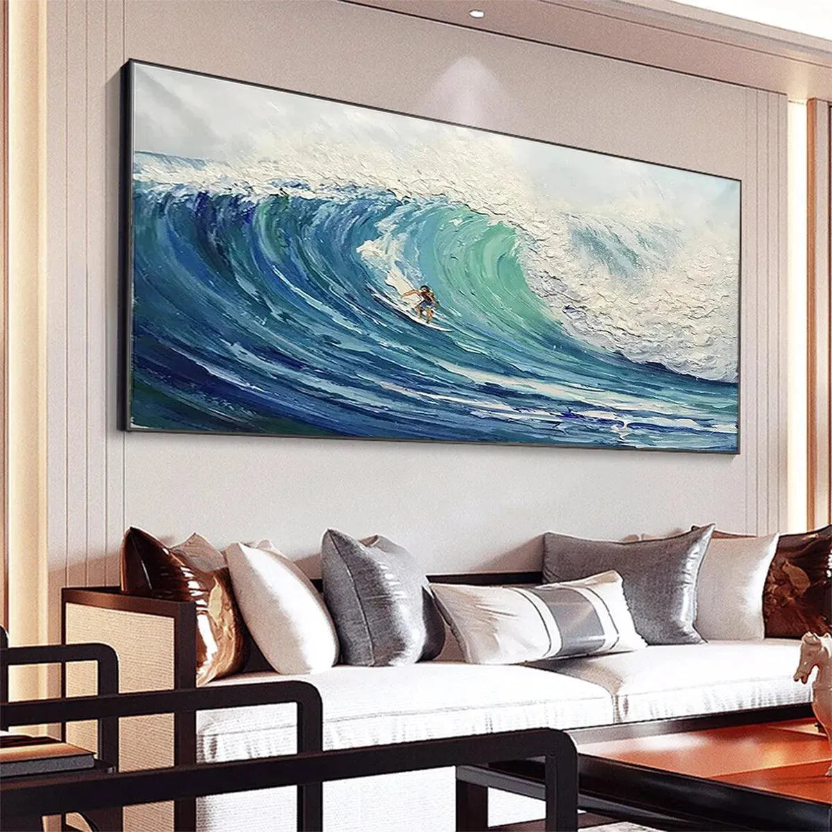 Emerald Surge hand-painted ocean blue and emerald green textured surfer ocean painting shown with wood frame