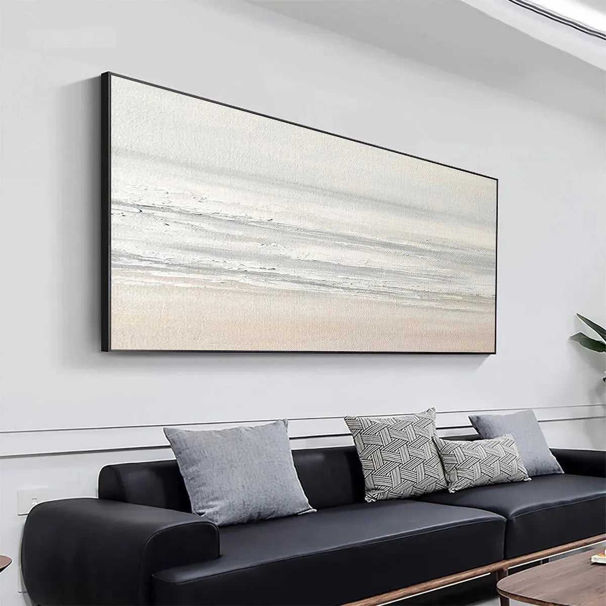 Tranquil Coast hand-painted ocean blue, ivory and soft neutral tones textured coastal landscape painting shown as stretched canvas