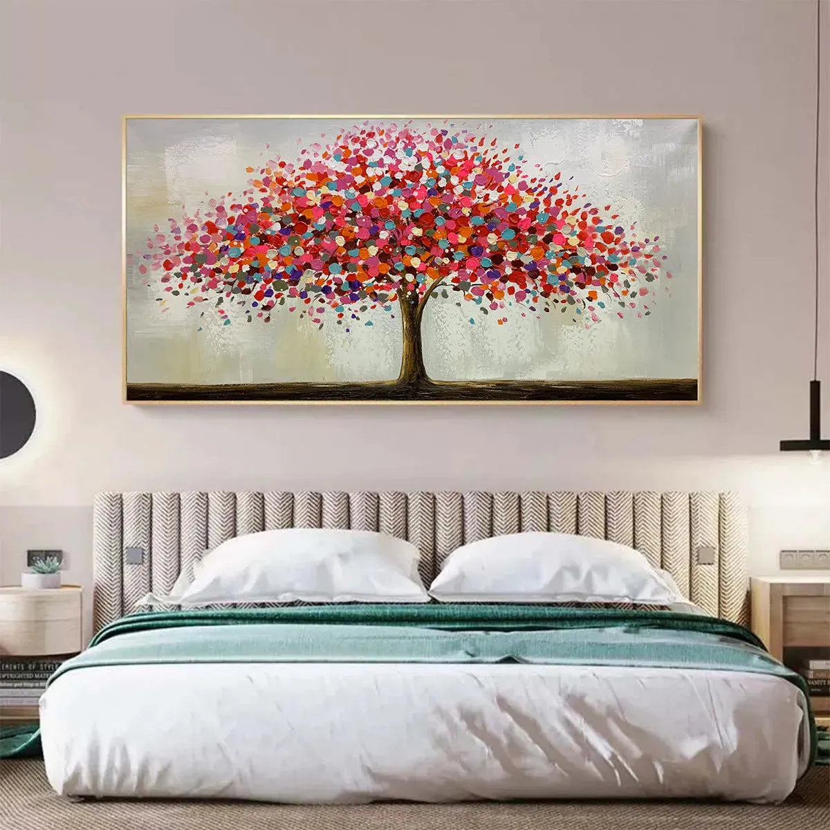 Jewel Tree hand-painted crimson, golden yellow, turquoise and violet textured tree painting shown as stretched canvas