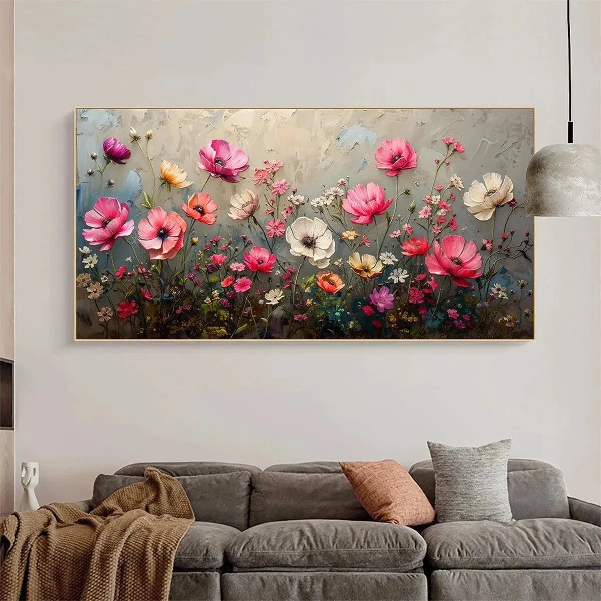 Pink and Grey Floral Impasto Painting – Summer Bloom