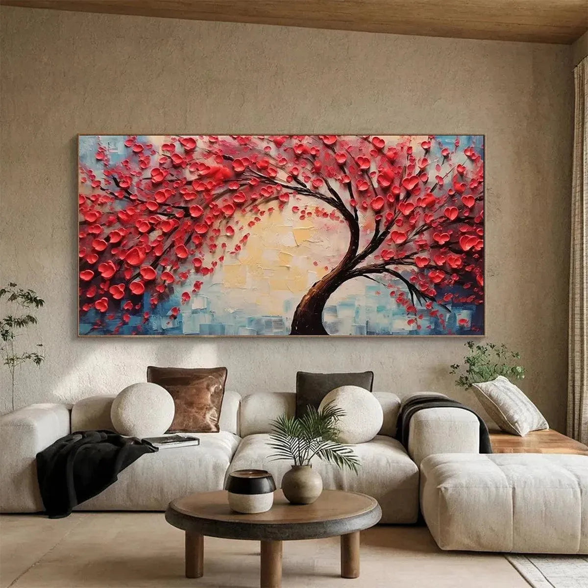 Heart Tree hand-painted red and ivory textured tree painting shown as stretched canvas