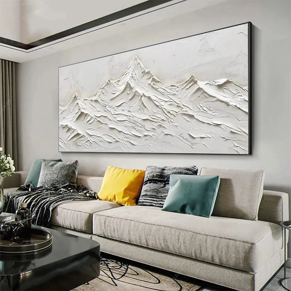 White Mountains hand-painted white and soft beige textured abstract mountain painting shown with white frame