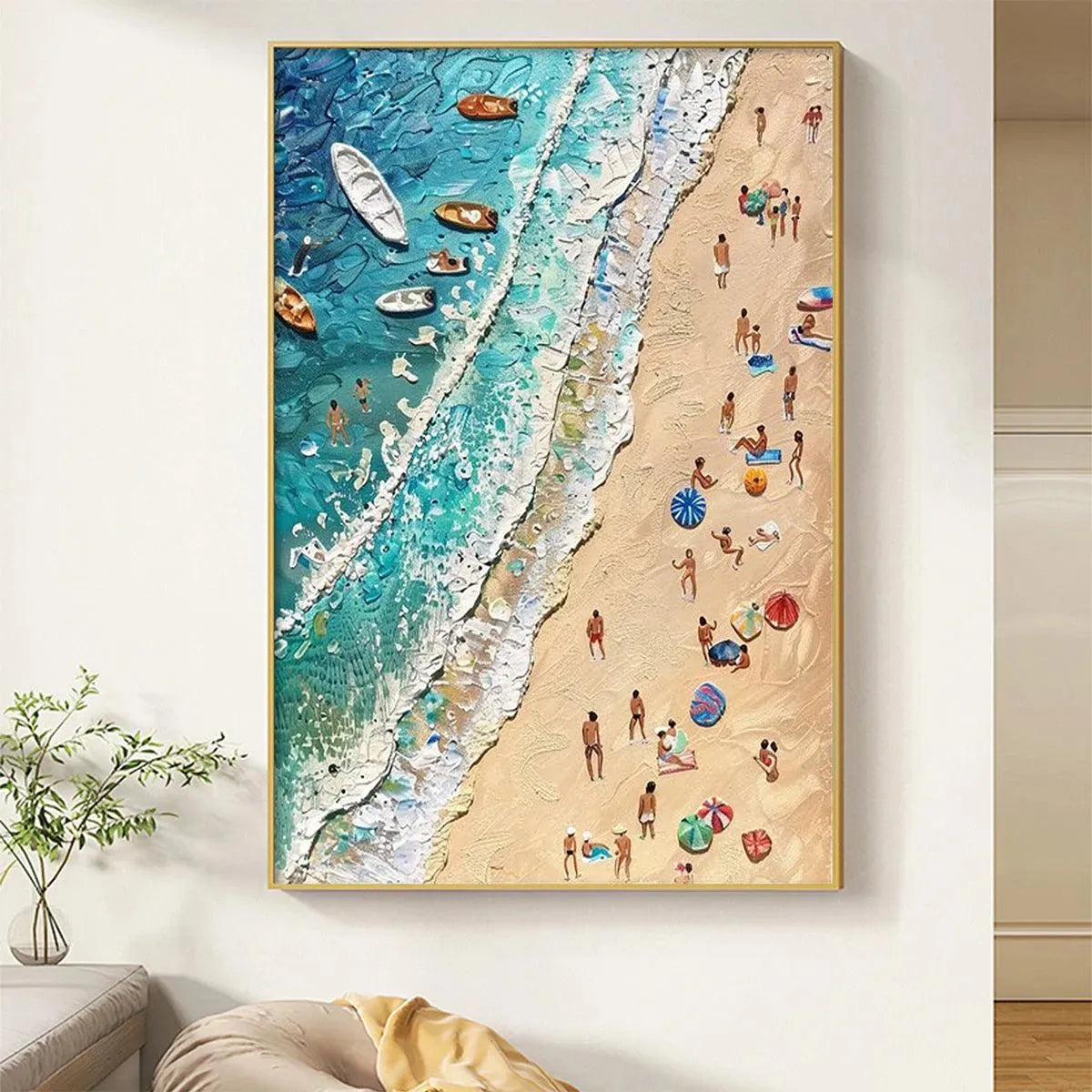 Sun-Kissed Shores hand-painted ocean blue, ivory and soft neutral tones textured beach scene painting shown as stretched canvas