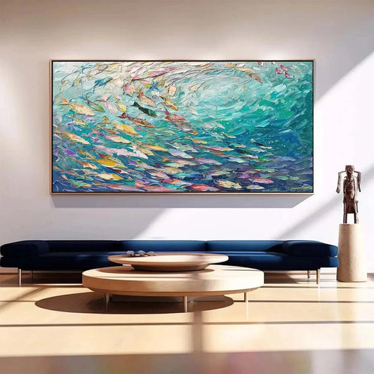 Ocean Currents hand-painted ocean blue, ivory and soft neutral tones textured coastal abstract painting shown as stretched canvas