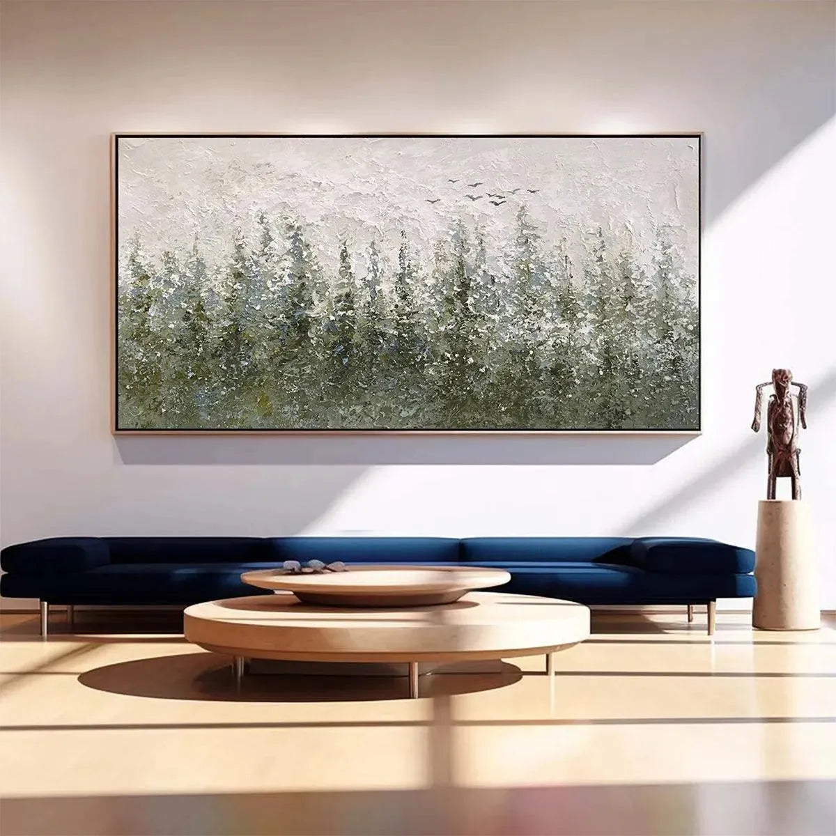 Misty Forest hand-painted forest green, soft grey and warm earth tones textured forest landscape painting shown as stretched canvas