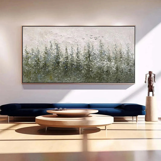 Misty Forest hand-painted forest green, soft grey and warm earth tones textured forest landscape painting shown as stretched canvas