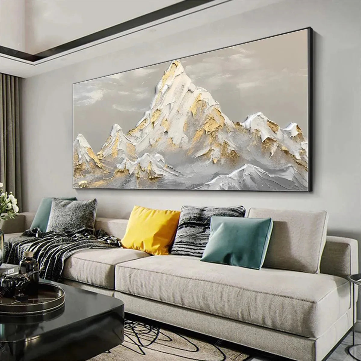 Golden Peaks hand-painted soft grey and gold textured mountain landscape painting rolled canvas option