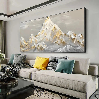 Golden Peaks hand-painted soft grey and gold textured mountain landscape painting rolled canvas option