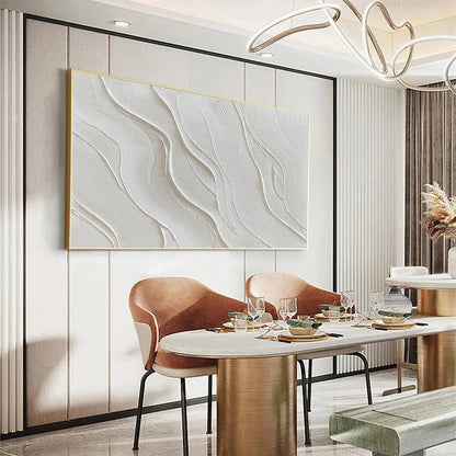 Serene Ripples hand-painted white and soft beige textured coastal abstract painting shown with silver frame