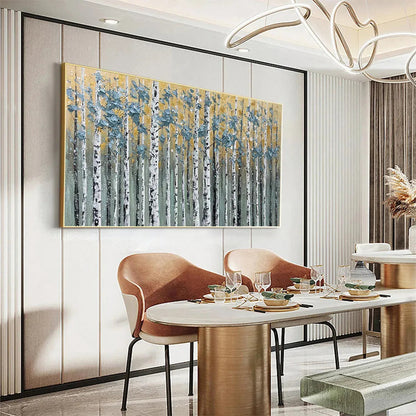 Golden Birch Grove hand-painted white, green and gold textured forest landscape painting shown as stretched canvas