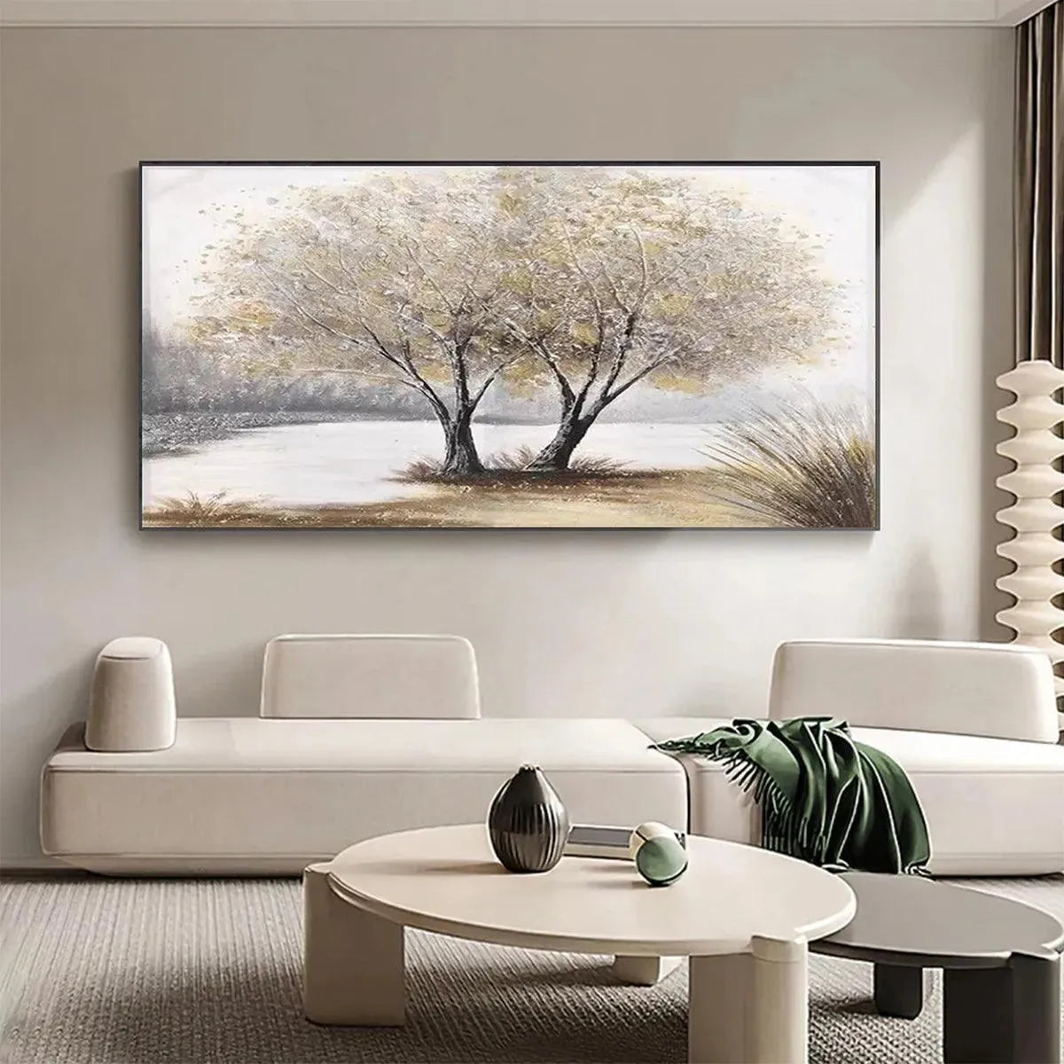 Twilight Trees hand-painted forest green, soft grey and warm earth tones textured forest landscape painting shown with silver frame