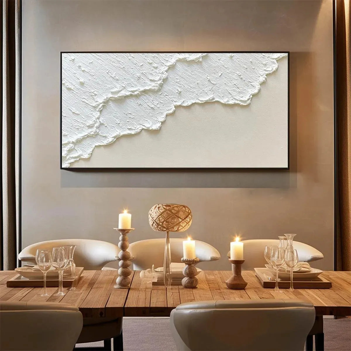 White Wave hand-painted white and beige textured ocean wave painting shown as stretched canvas