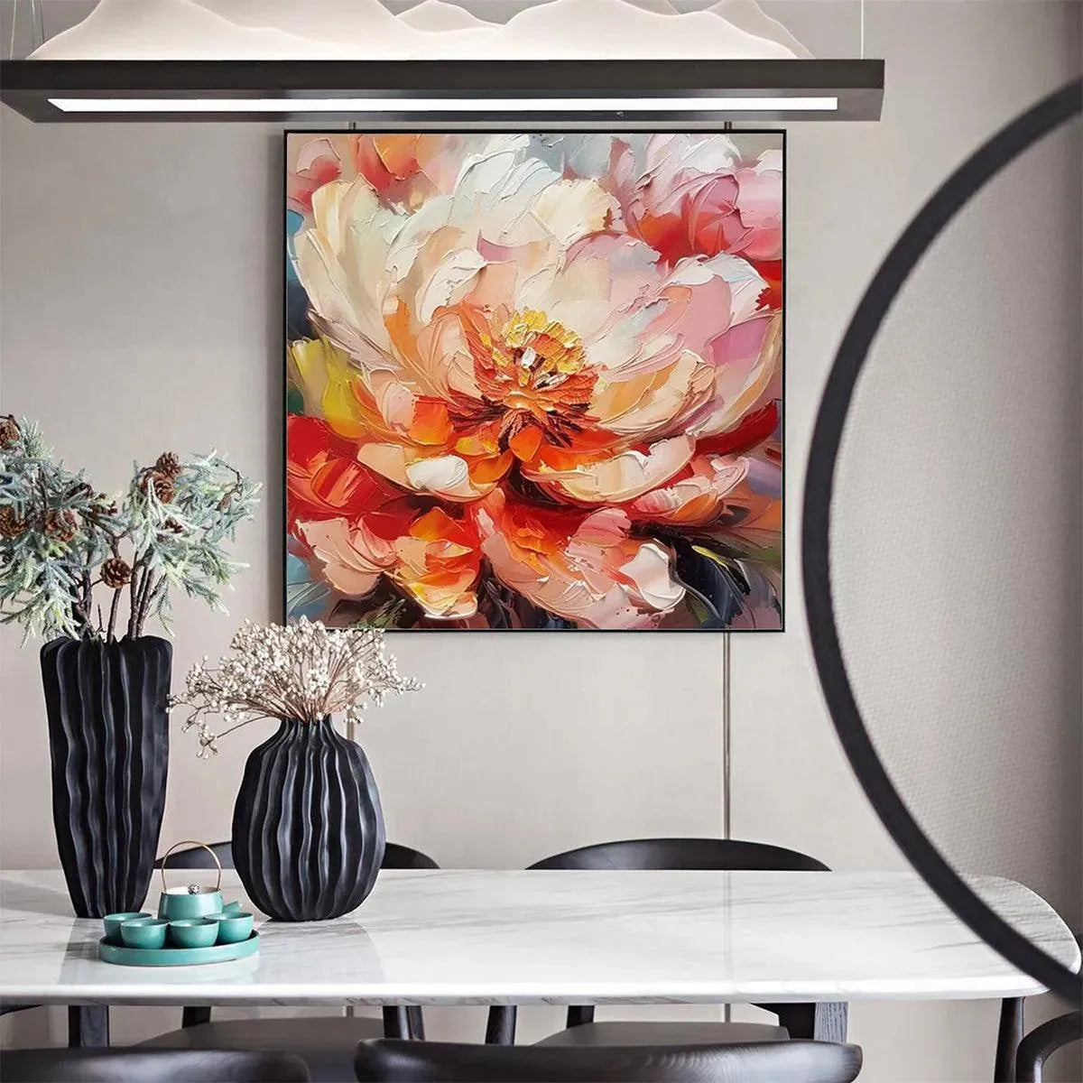 Orange and Pink Peony Impasto Painting – Blooming Peony