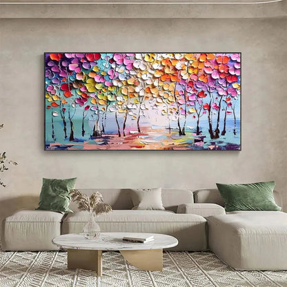 Enchanted Forest hand-painted crimson, golden yellow, turquoise and violet textured forest landscape painting shown as stretched canvas