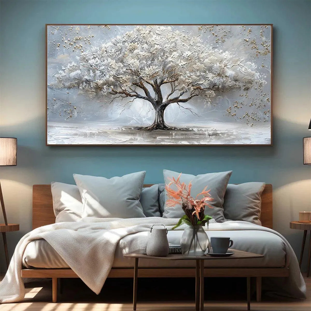 Silver Lining hand-painted white, soft grey and gold textured tree painting shown as stretched canvas