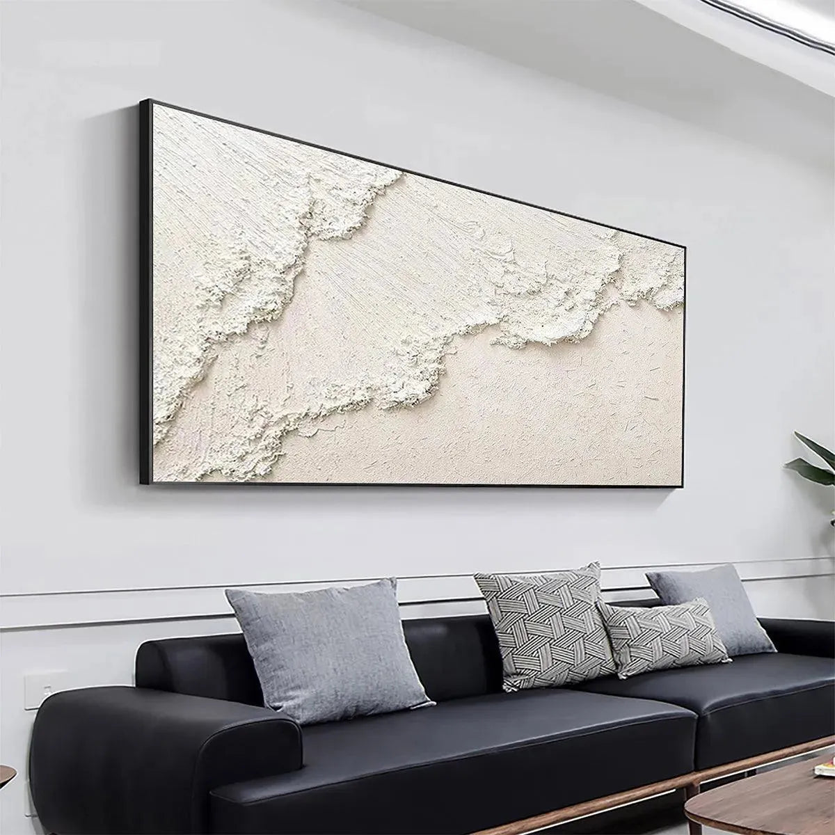 White Crest hand-painted white and soft beige textured ocean wave painting shown as stretched canvas