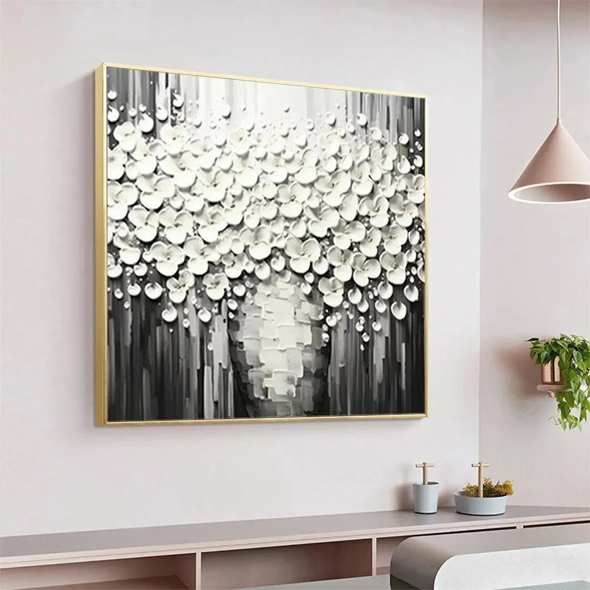 Grey and White Wabi-Sabi Bouquet Textured Painting – White Bouquet