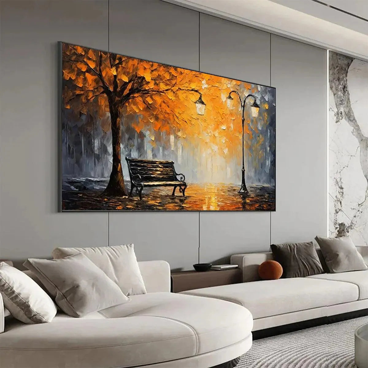 Autumn Park Bench hand-painted soft grey, gold and orange textured park landscape painting shown with white frame