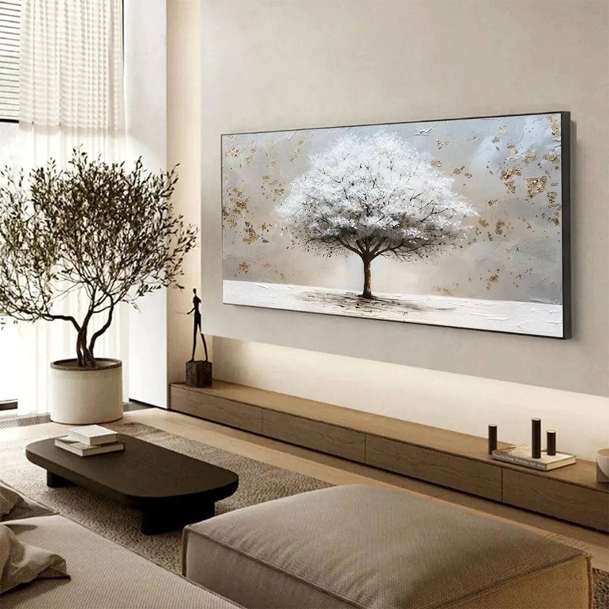 Winter's Grace hand-painted white, beige and gold textured tree painting shown as stretched canvas