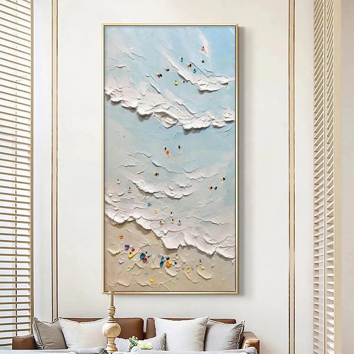 Summer Beach hand-painted ocean blue, ivory and soft neutral tones textured surfer ocean painting shown as stretched canvas