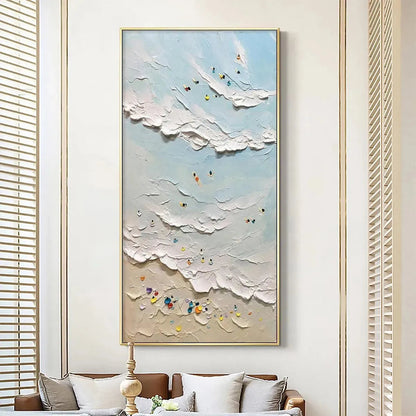 Summer Beach hand-painted ocean blue, ivory and soft neutral tones textured surfer ocean painting shown as stretched canvas