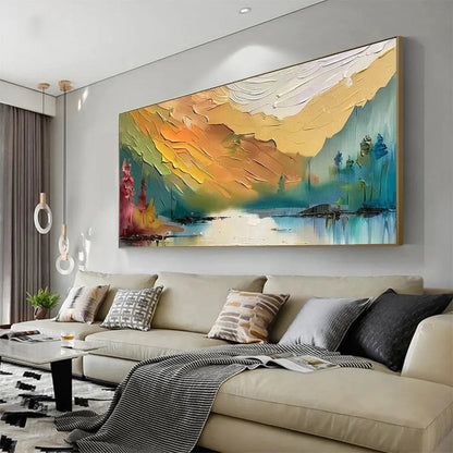 Autumn Valley hand-painted ocean blue, ivory and soft neutral tones textured coastal landscape painting rolled canvas option