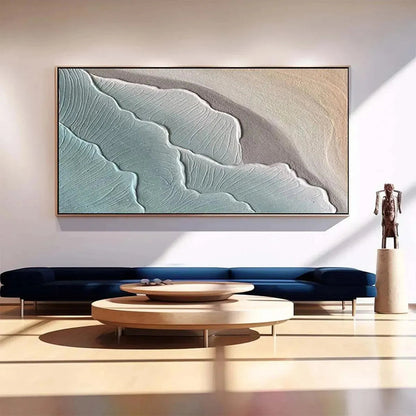 Emerald Waves hand-painted teal and emerald green textured coastal abstract painting shown as stretched canvas