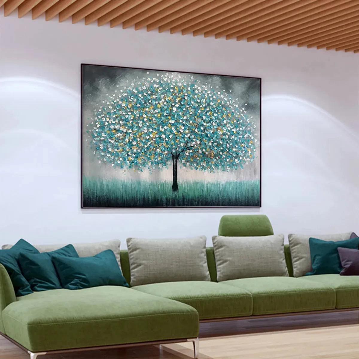 Teal Dream hand-painted soft grey and teal textured tree painting shown as stretched canvas