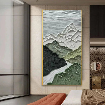 Jade Peak hand-painted white and green textured mountain river landscape painting shown as stretched canvas