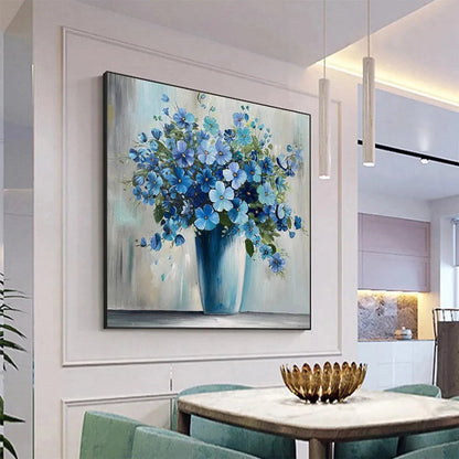 Blue Floral Still Life Painting – Blue Serenity