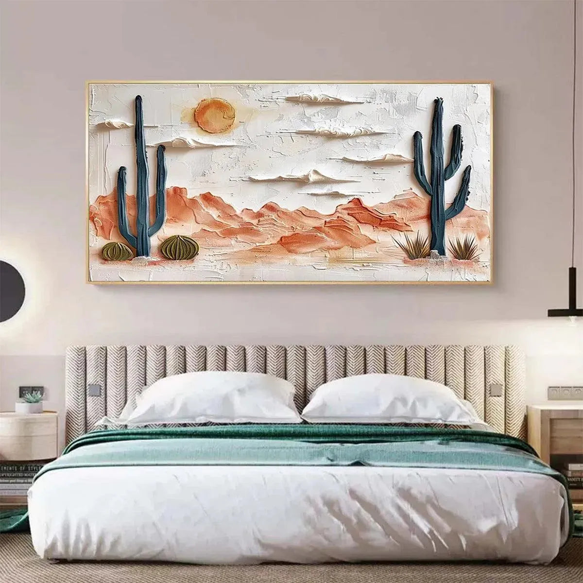 Desert Sunrise hand-painted terracotta, warm ochre and sand textured desert mountain landscape painting shown with wood frame
