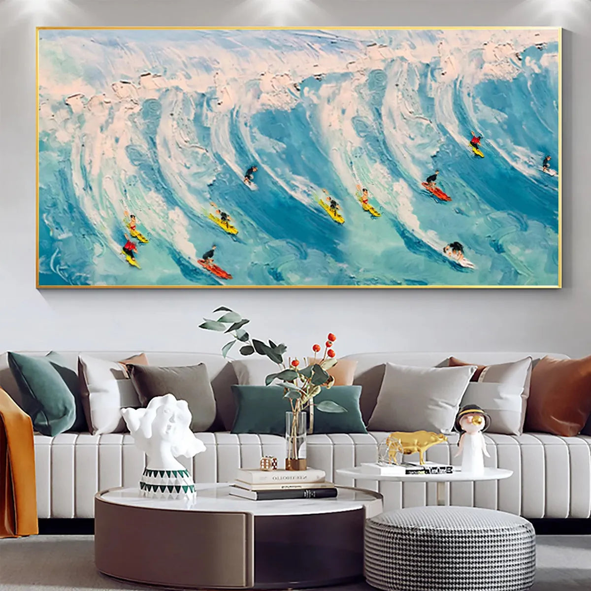 Wave Riders hand-painted white and ocean blue textured surfer ocean painting shown with gold frame