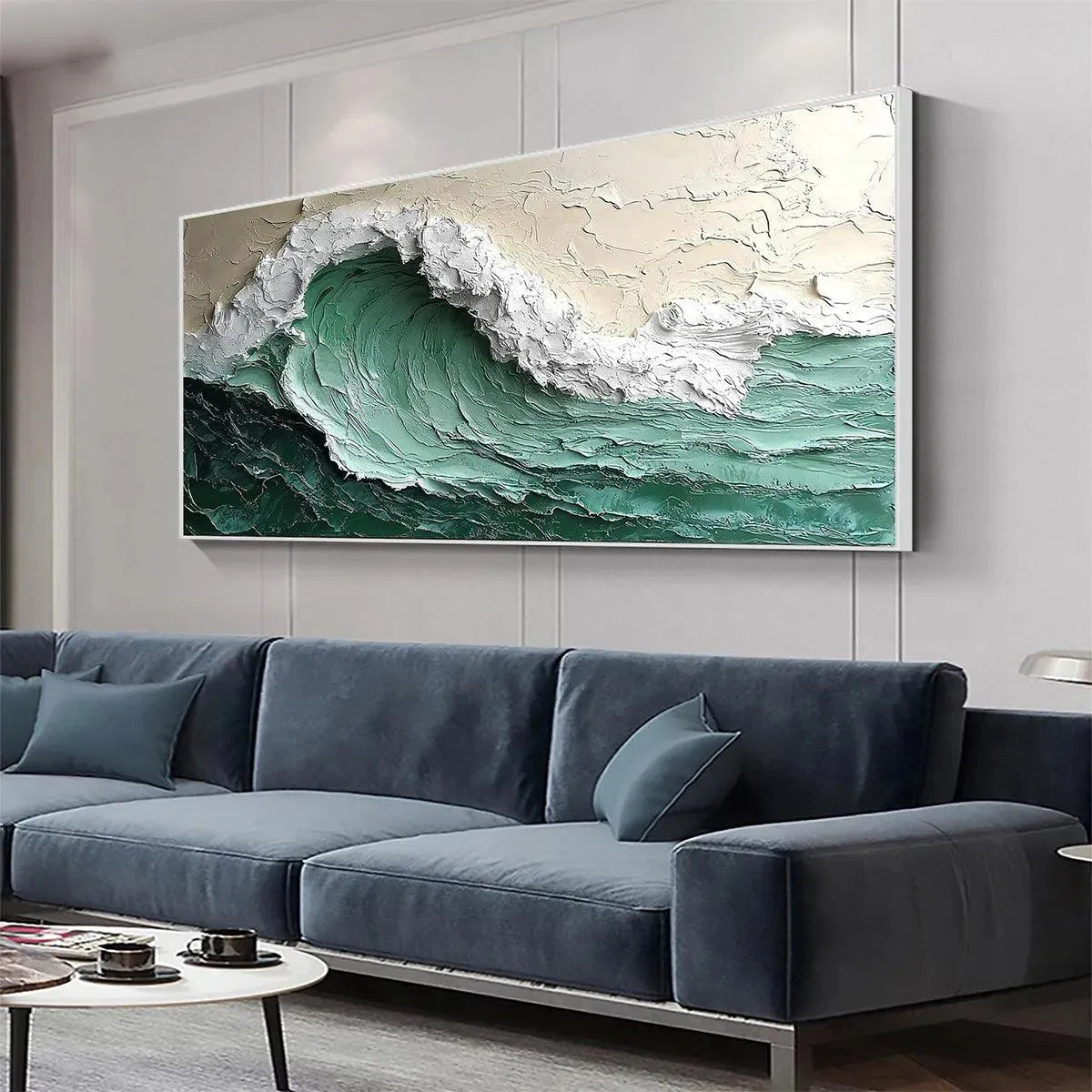 Emerald Crest hand-painted beige and emerald green textured ocean wave painting shown with gold frame