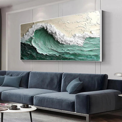 Emerald Crest hand-painted beige and emerald green textured ocean wave painting shown with gold frame