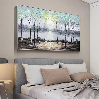 Serene Waters hand-painted ocean blue and green textured forest landscape painting shown as stretched canvas